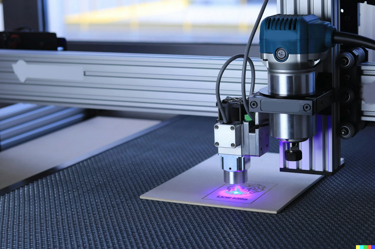 A laser cutter with a blue and black motor, equipped with a laser engraving module, is in the process of engraving a design onto a piece of material placed on the machine’s bed. The bright purple light emanates from the point where the laser contacts the material, indicating the engraving process. Various cables are connected to the motor and laser module, showing electrical connections.