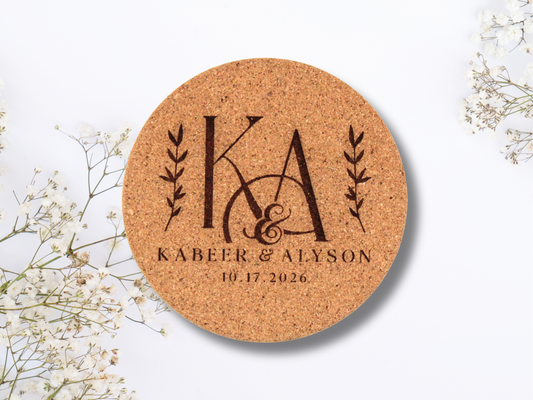 Date & Initials Wedding Cork Coasters